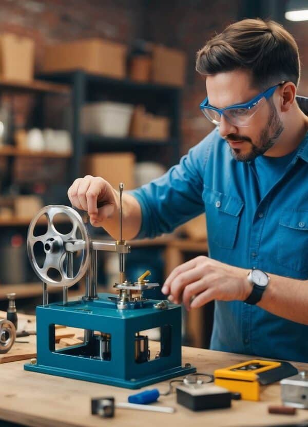 Um inventor criando uma nova máquina em uma oficina bagunçada