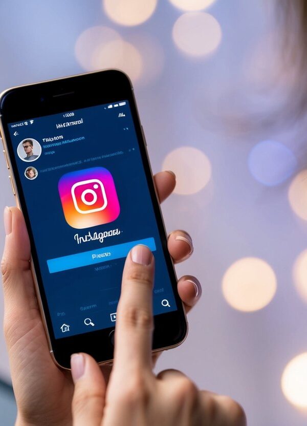 Um smartphone com o aplicativo do Instagram aberto, um dedo tocando no ícone do perfil, e a tela mudando de uma conta comercial para uma conta pessoal.