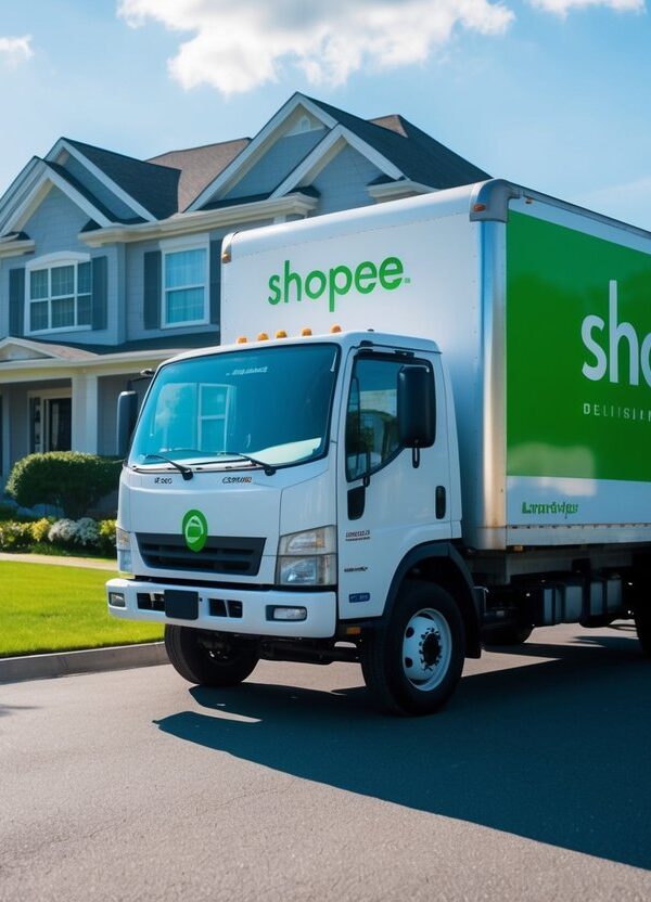 Um caminhão de entrega com o logo da Shopee do lado estacionou do lado de fora de uma casa em uma ensolarada tarde de domingo.