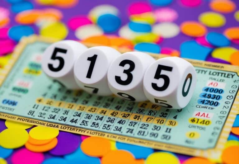 Um bilhete de loteria com cinco números, três dos quais estão circulados, cercado por confetes coloridos e uma atmosfera de celebração
