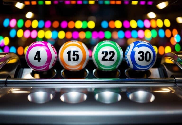 Quatro bolas de loteria com os números 4, 15, 22 e 30 são sorteadas de uma máquina giratória, com luzes coloridas piscando ao fundo.
