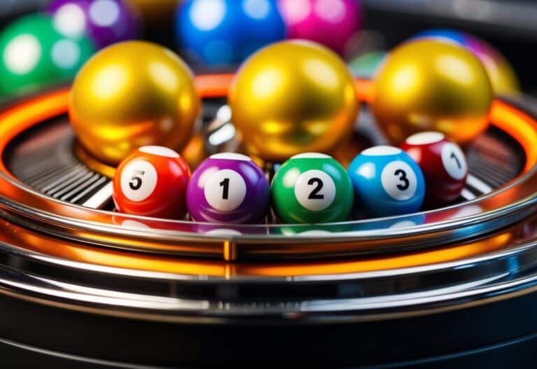 Uma máquina de loteria giratória com bolas coloridas sendo sorteadas