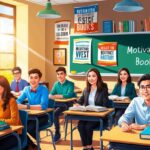Um grupo de estudantes sentado em uma sala de aula, cercado por pôsteres motivacionais e livros. A luz do sol entra pela janela, lançando um brilho quente na cena.