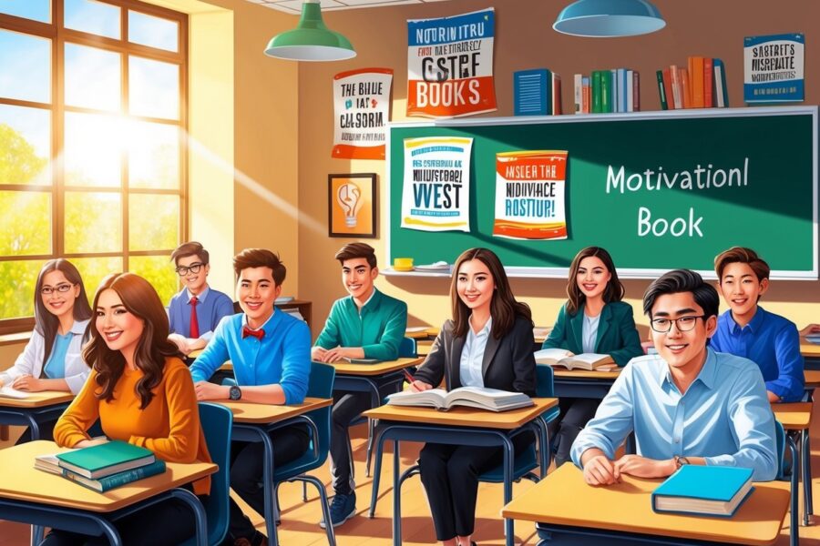 Um grupo de estudantes sentado em uma sala de aula, cercado por pôsteres motivacionais e livros. A luz do sol entra pela janela, lançando um brilho quente na cena.