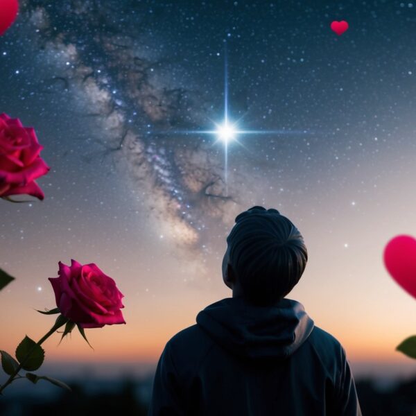 Uma figura olhando para uma estrela distante e inalcançável, cercada por símbolos de amor não correspondido, como rosas e corações.