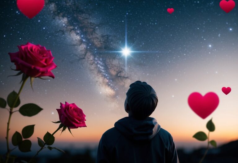 Uma figura olhando para uma estrela distante e inalcançável, cercada por símbolos de amor não correspondido, como rosas e corações.