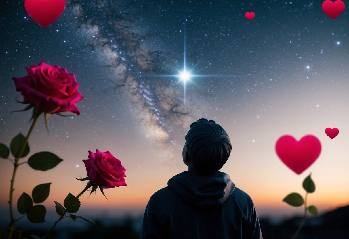 Uma figura olhando para uma estrela distante e inalcançável, cercada por símbolos de amor não correspondido, como rosas e corações.