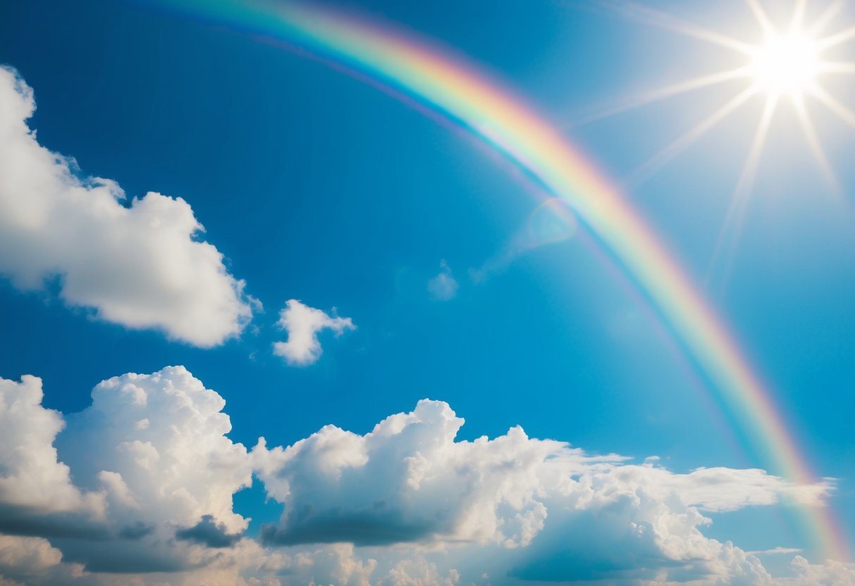 Um arco-íris vibrante se estendendo pelo céu, simbolizando a aliança de Deus com a humanidade, cercado por nuvens e luz solar brilhante