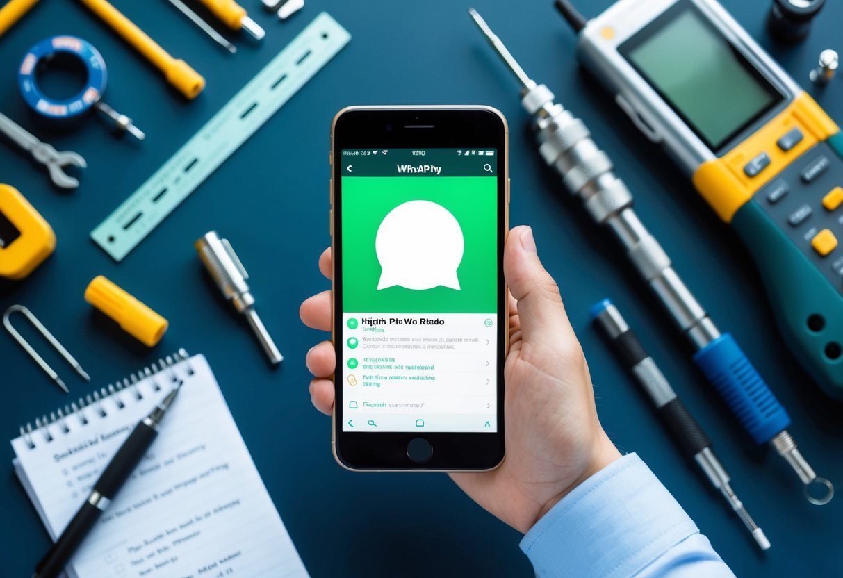 Um smartphone com uma foto de perfil em branco na tela do WhatsApp, cercado por ferramentas técnicas e anotações de solução de problemas