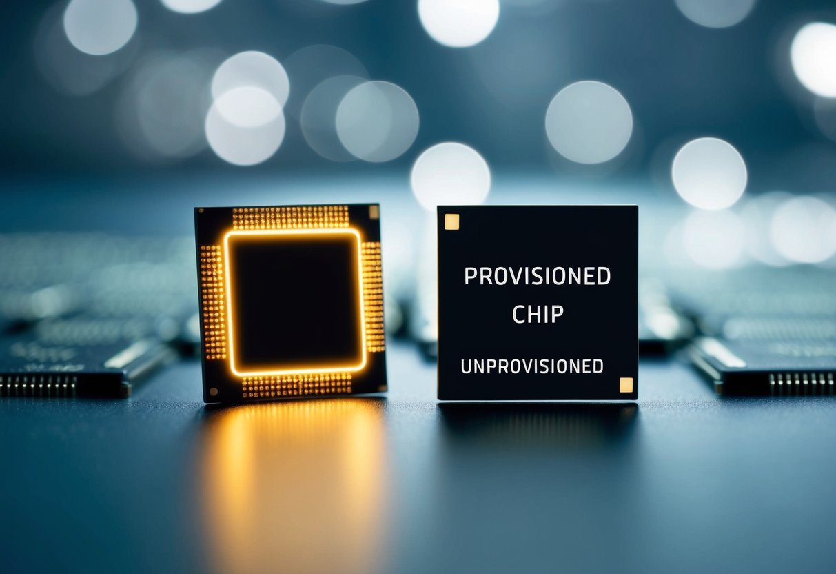 Um chip provisionado ao lado de um chip não provisionado, com o primeiro brilhando e o último fraco.
