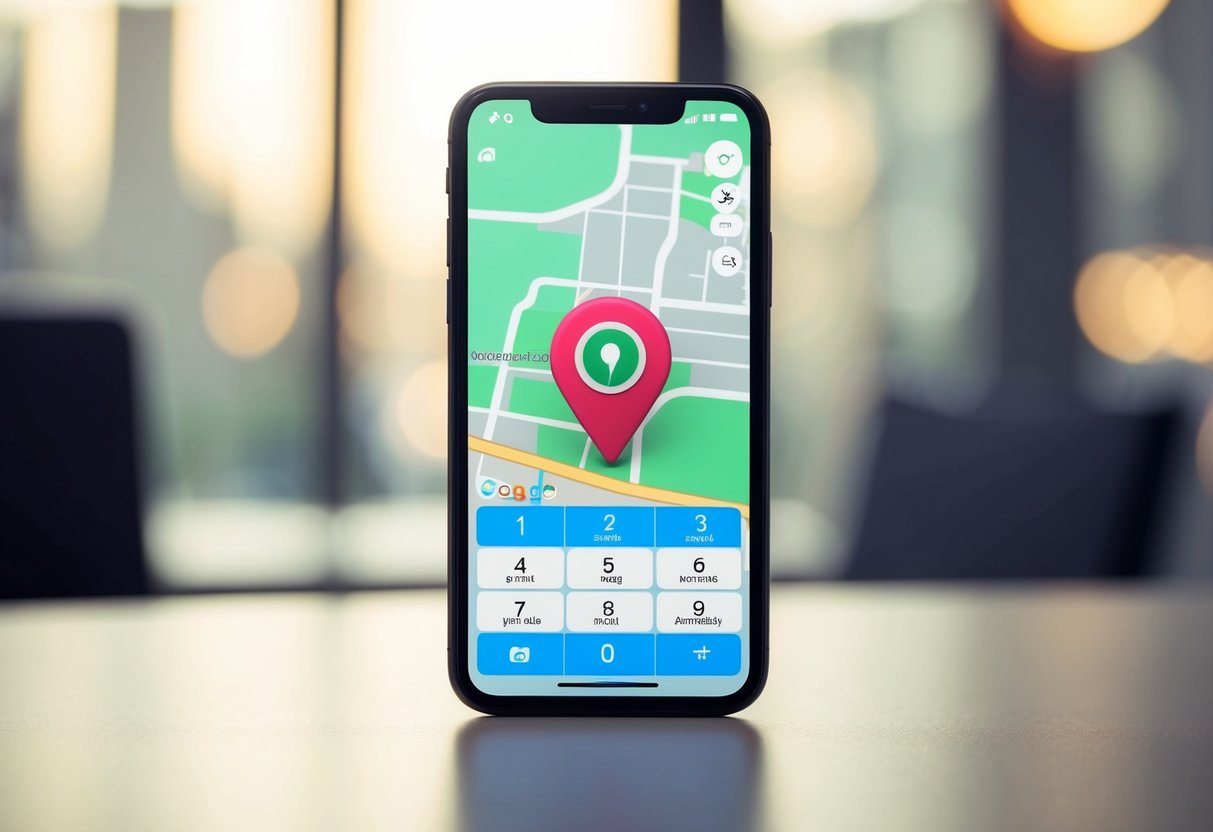 Um smartphone com um teclado e um mapa na tela, com um marcador de localização colocado sobre ele.