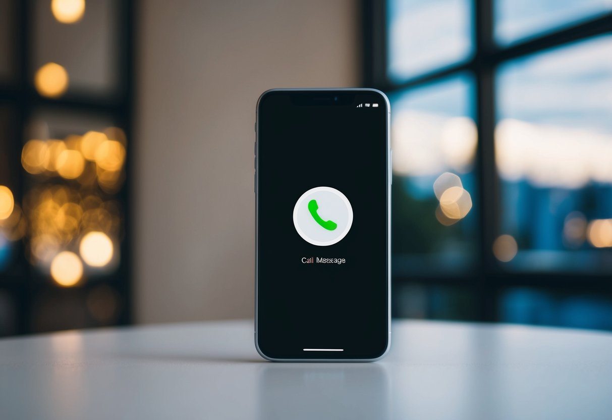 Um telefone em cima de uma mesa, com a tela escura, exibindo um ícone de chamada e uma notificação de mensagem.