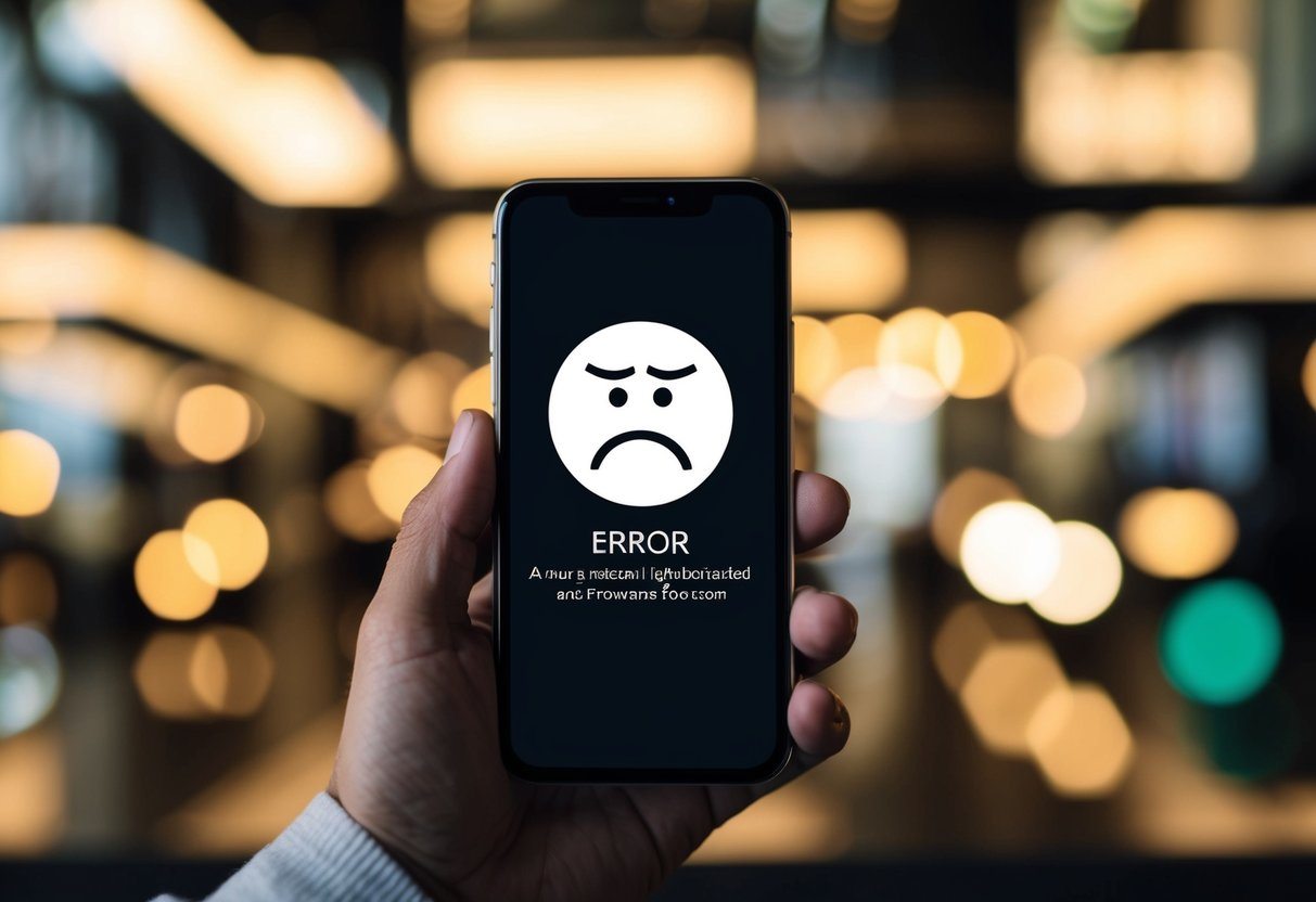 Um smartphone exibindo uma mensagem de erro com um ícone de rosto franzido