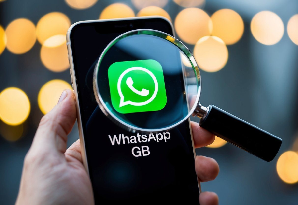 Uma tela de smartphone exibindo o ícone do WhatsApp GB com uma lupa pairando sobre ele