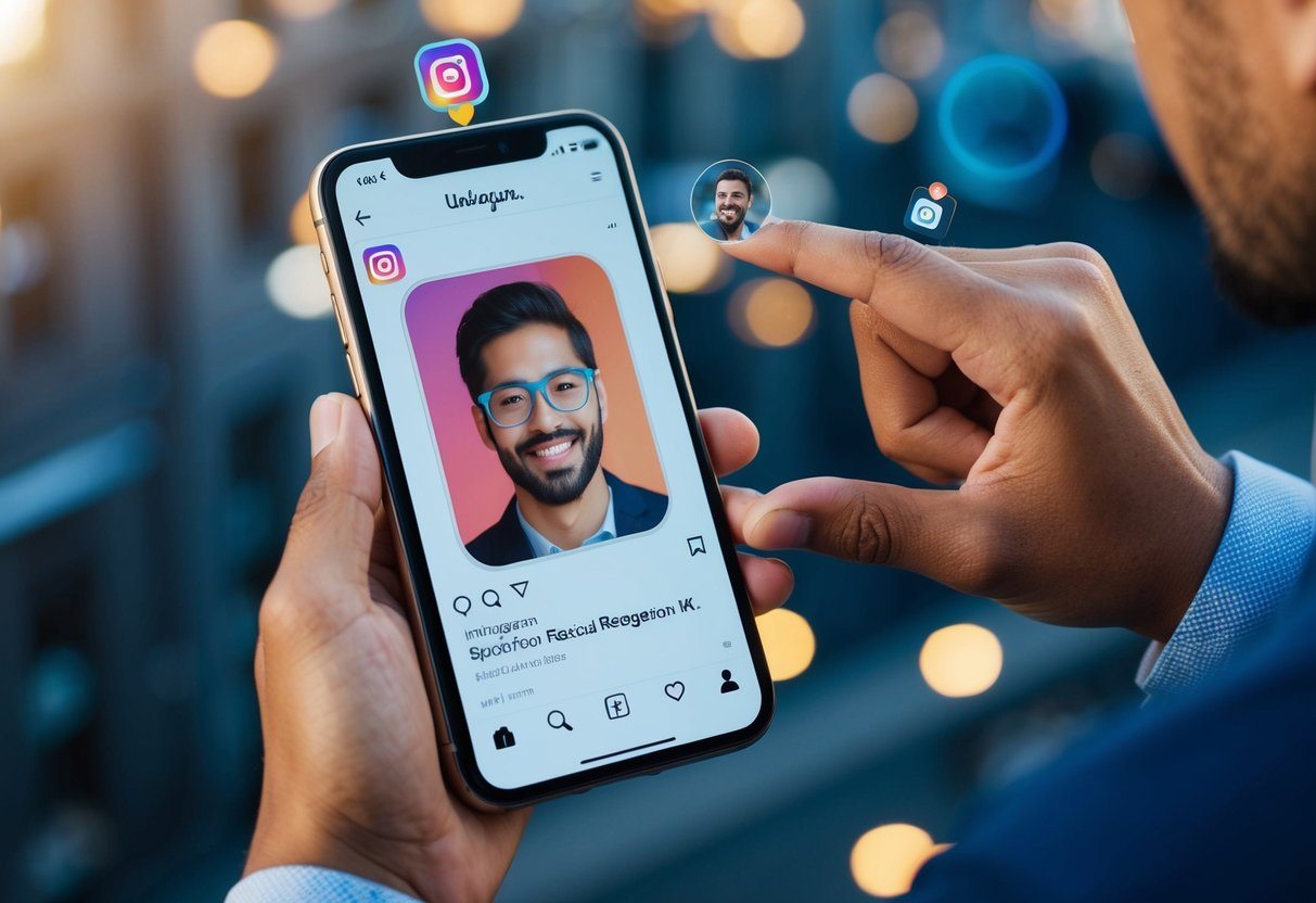 Uma pessoa usando ferramentas especializadas de reconhecimento facial para encontrar um perfil do Instagram usando uma foto