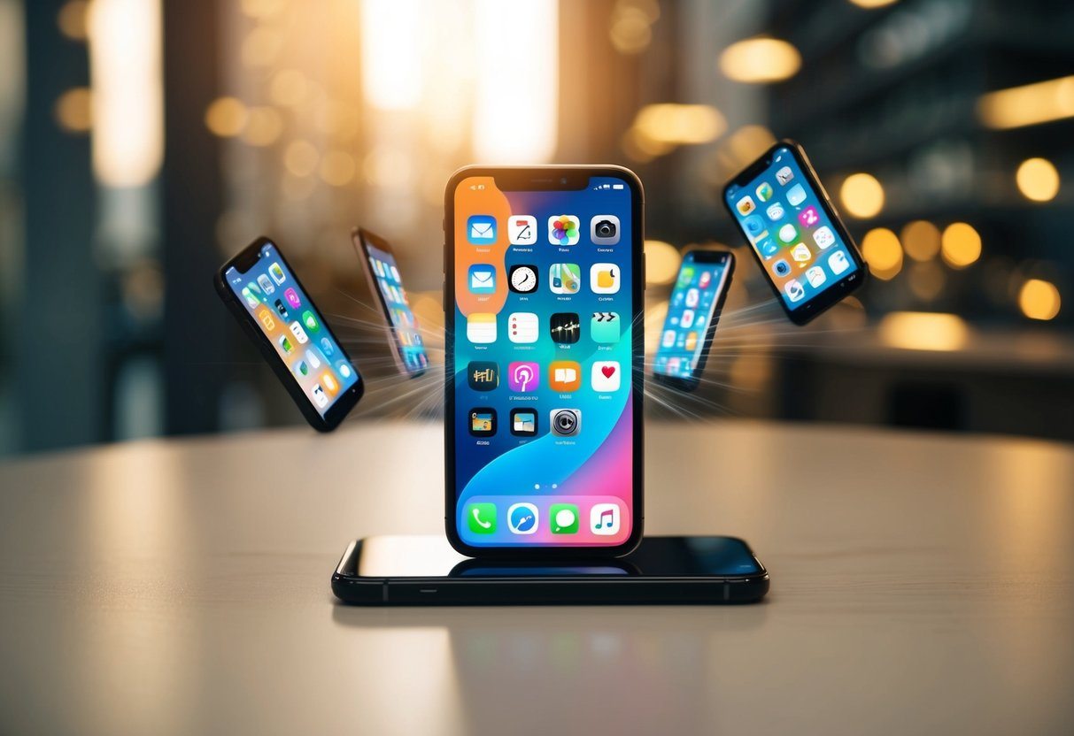 Um smartphone em cima de uma mesa, com aplicativos abrindo e fechando sozinho, como se estivesse sendo operado por uma força invisível.