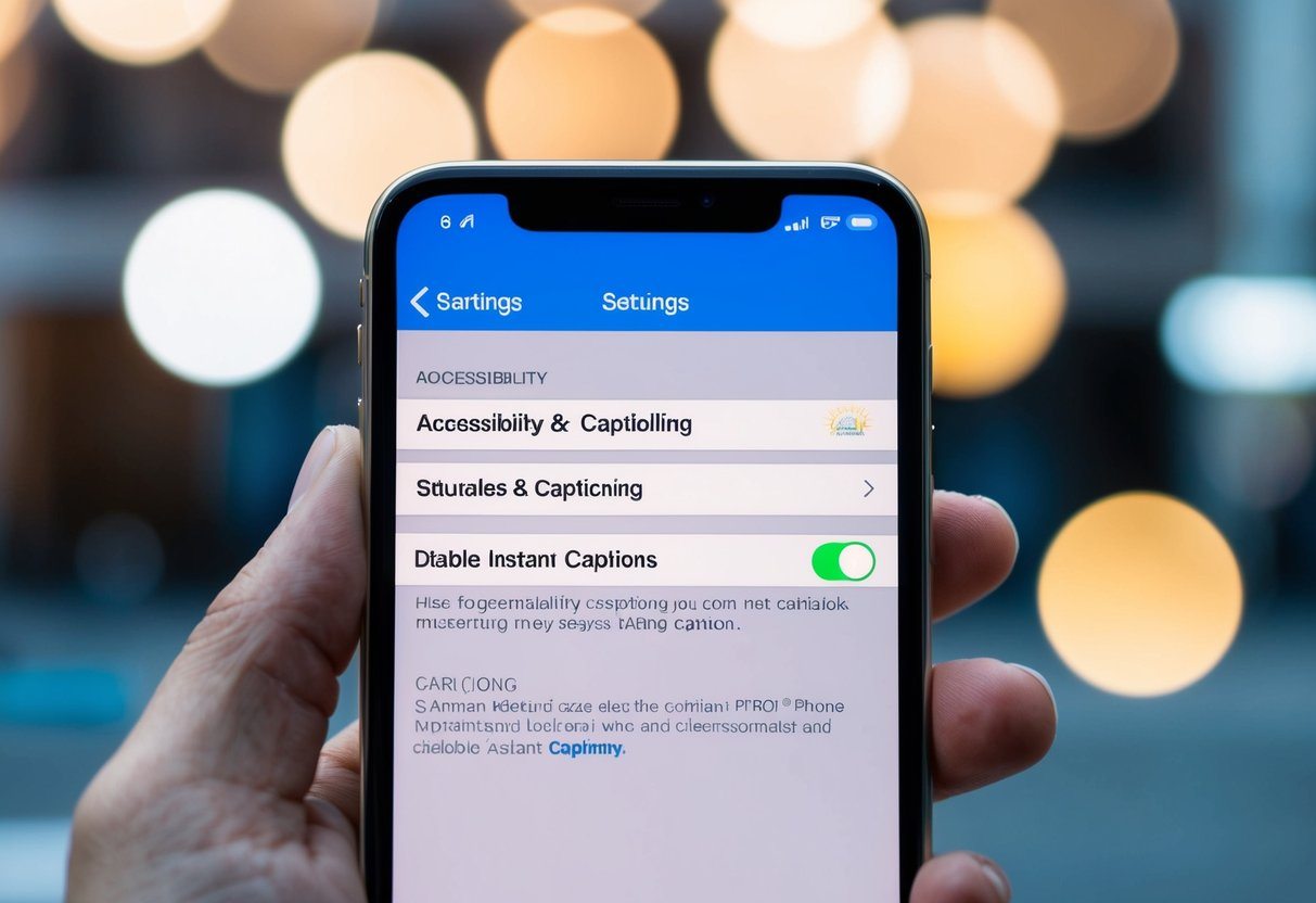 Uma tela de iPhone exibindo o menu de configurações com a seção "Acessibilidade" aberta, e o usuário navegando até a opção "Legendas e Legendas" para desativar as legendas instantâneas.