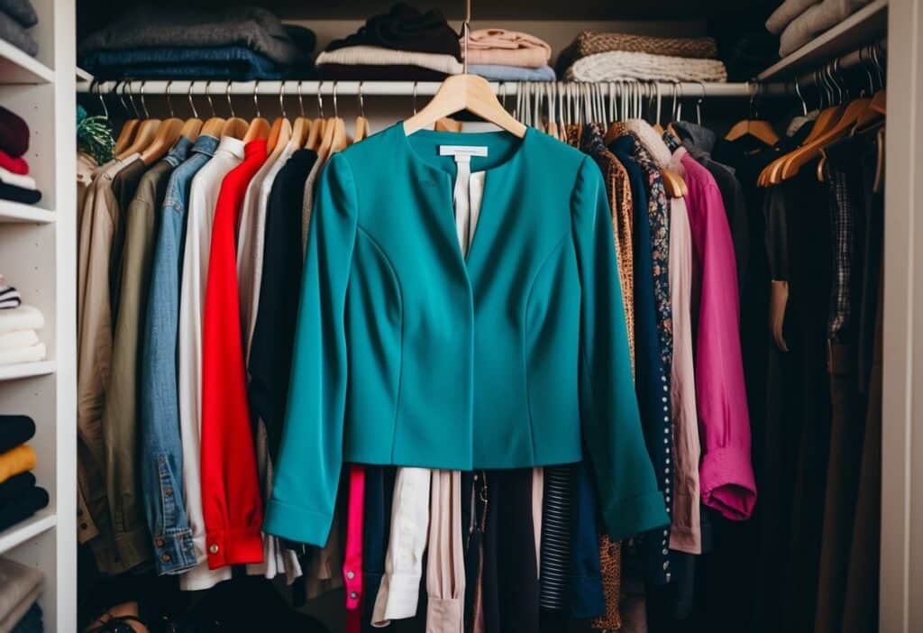 Uma blusa curta, estilo jaqueta, pendurada em um cabide, cercada por outras peças de roupa em um closet acolhedor e bagunçado