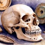 Um crânio pré-histórico com um osso da bochecha proeminente, cercado por artefatos antigos