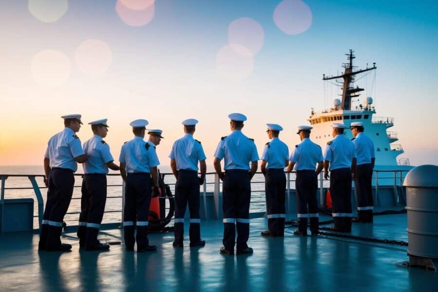 Um grupo de membros da tripulação do navio uniformizados trabalhando juntos no convés