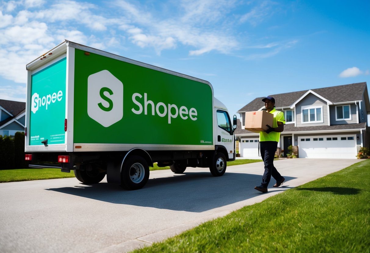 Um caminhão de entrega com o logo da Shopee estacionado do lado de fora de uma casa em um domingo ensolarado, com um entregador levando um pacote até a porta da frente.