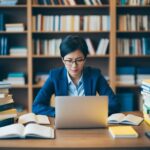 Uma pessoa sentada em uma mesa com livros e materiais de estudo, cercada por anotações organizadas e um laptop, profundamente concentrada.