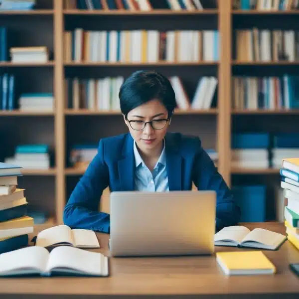 Uma pessoa sentada em uma mesa com livros e materiais de estudo, cercada por anotações organizadas e um laptop, profundamente concentrada.