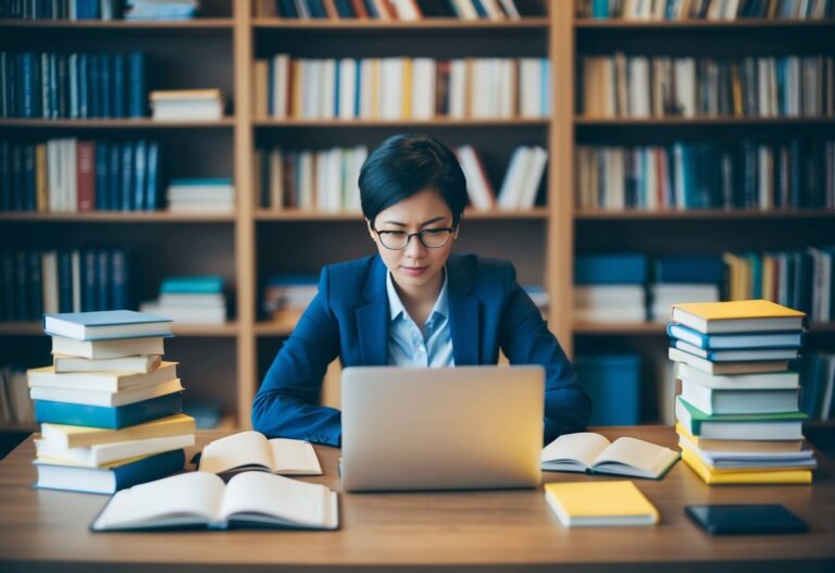 Uma pessoa sentada em uma mesa com livros e materiais de estudo, cercada por anotações organizadas e um laptop, profundamente concentrada.