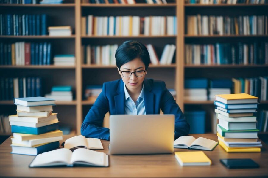 Uma pessoa sentada em uma mesa com livros e materiais de estudo, cercada por anotações organizadas e um laptop, profundamente concentrada.