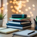 Uma mesa com cadernos, canetas e materiais de estudo organizados de forma ordenada