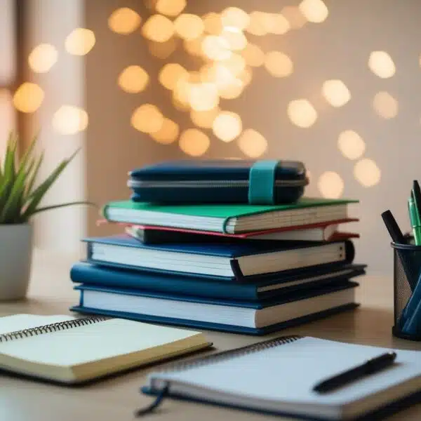 Uma mesa com cadernos, canetas e materiais de estudo organizados de forma ordenada