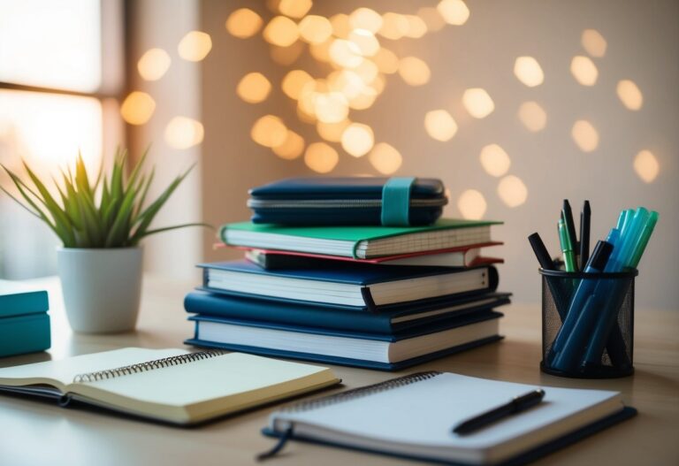 Uma mesa com cadernos, canetas e materiais de estudo organizados de forma ordenada