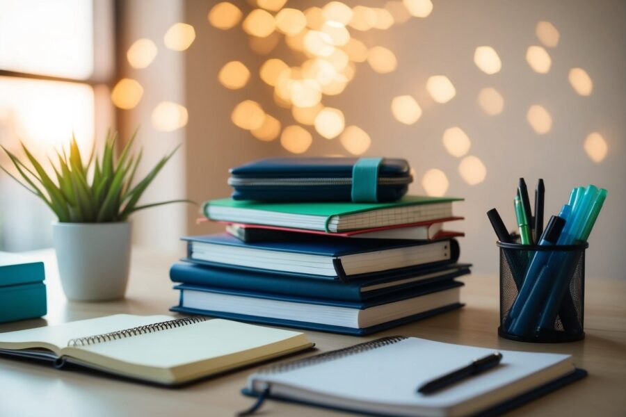 Uma mesa com cadernos, canetas e materiais de estudo organizados de forma ordenada