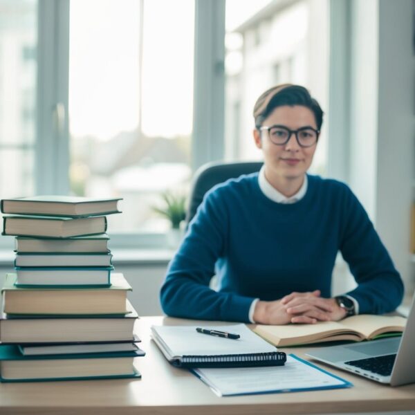Uma pessoa sentada em uma mesa arrumada com uma pilha de livros, um laptop e materiais de estudo para um exame de PM