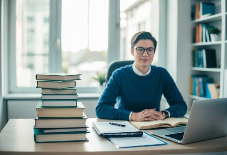 Uma pessoa sentada em uma mesa arrumada com uma pilha de livros, um laptop e materiais de estudo para um exame de PM
