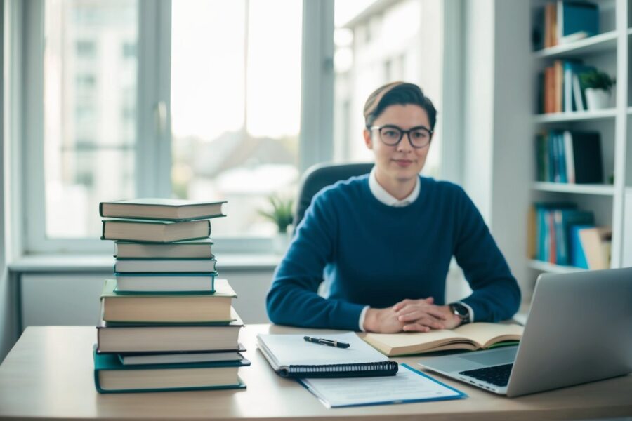 Uma pessoa sentada em uma mesa arrumada com uma pilha de livros, um laptop e materiais de estudo para um exame de PM
