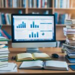 Uma mesa com livros, anotações e um computador, cercada por uma pilha de materiais de estudo, representando uma rotina de estudos dedicada para exames competitivos.