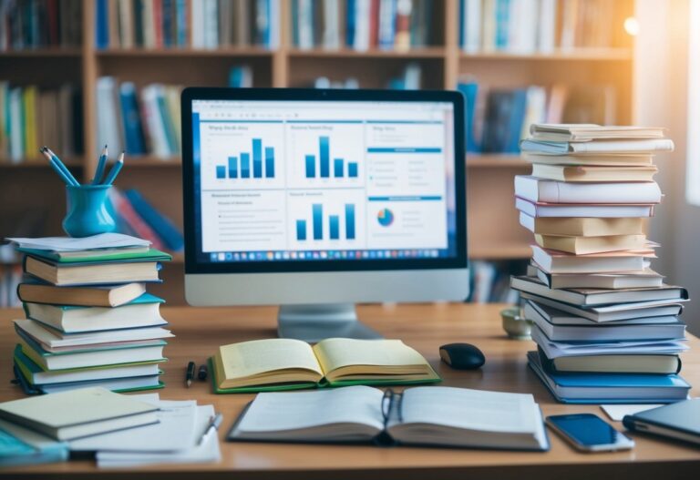 Uma mesa com livros, anotações e um computador, cercada por uma pilha de materiais de estudo, representando uma rotina de estudos dedicada para exames competitivos.