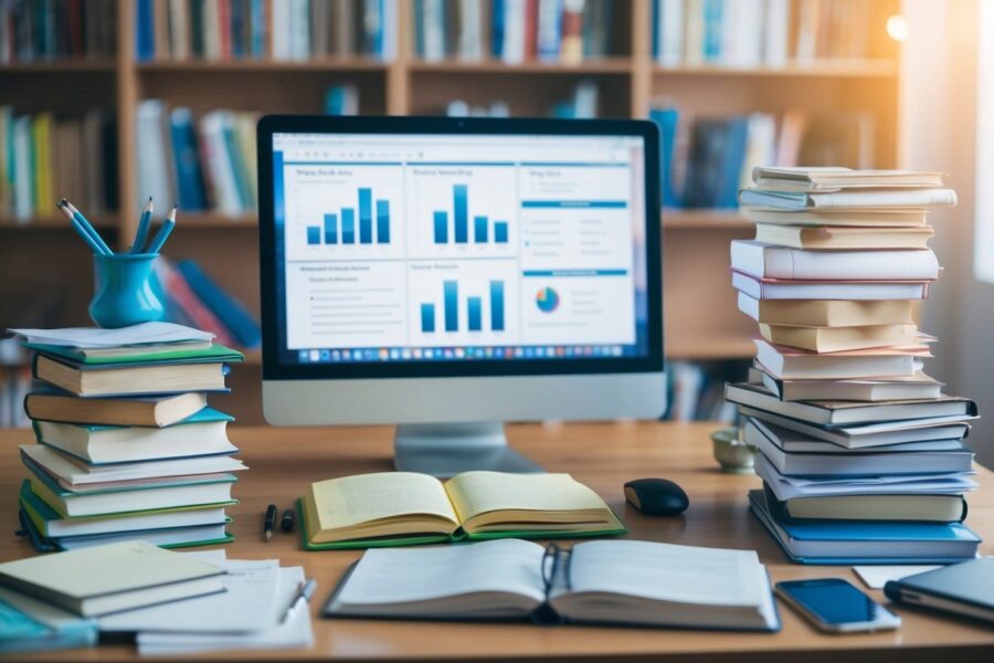 Uma mesa com livros, anotações e um computador, cercada por uma pilha de materiais de estudo, representando uma rotina de estudos dedicada para exames competitivos.