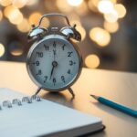 Uma mesa com um timer ajustado para 25 minutos, um caderno e um lápis