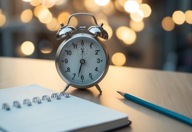 Uma mesa com um timer ajustado para 25 minutos, um caderno e um lápis