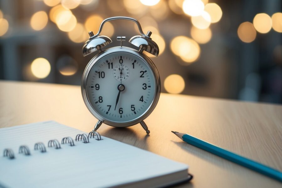 Uma mesa com um timer ajustado para 25 minutos, um caderno e um lápis