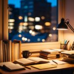 Um canto de estudo aconchegante à noite, com iluminação suave e uma mesa bagunçada com livros e anotações