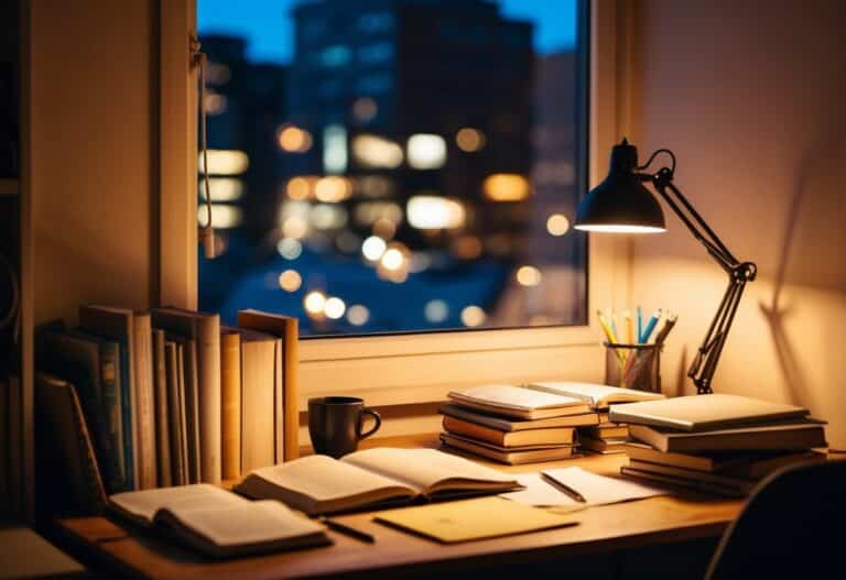 Um canto de estudo aconchegante à noite, com iluminação suave e uma mesa bagunçada com livros e anotações
