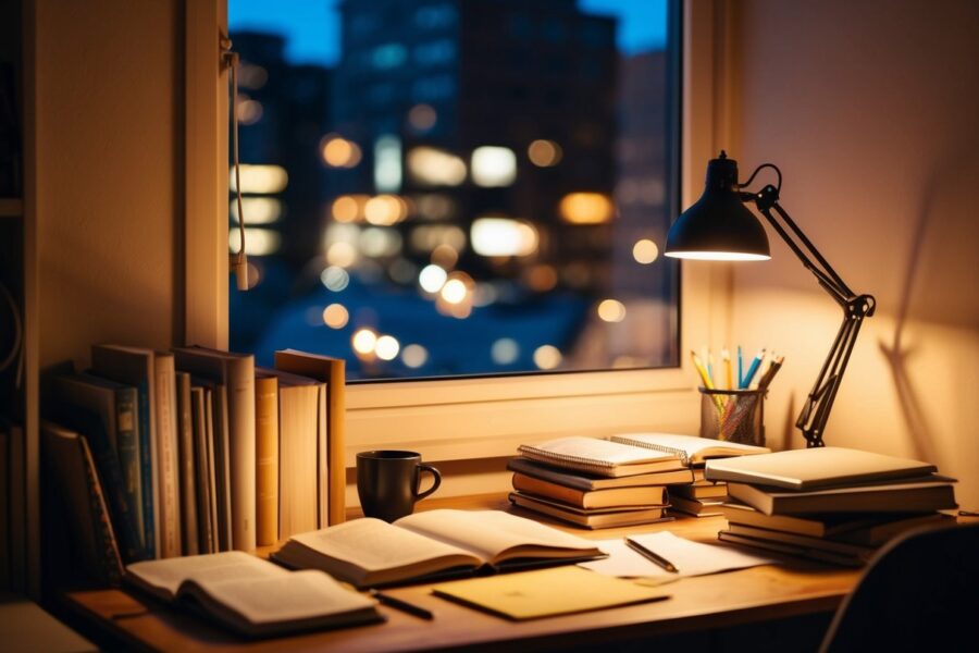 Um canto de estudo aconchegante à noite, com iluminação suave e uma mesa bagunçada com livros e anotações