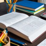 Uma mesa com livros abertos sobre álgebra, geometria e cálculo, cercada por lápis e uma calculadora