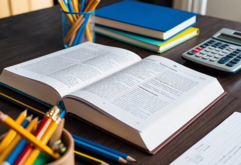 Uma mesa com livros abertos sobre álgebra, geometria e cálculo, cercada por lápis e uma calculadora
