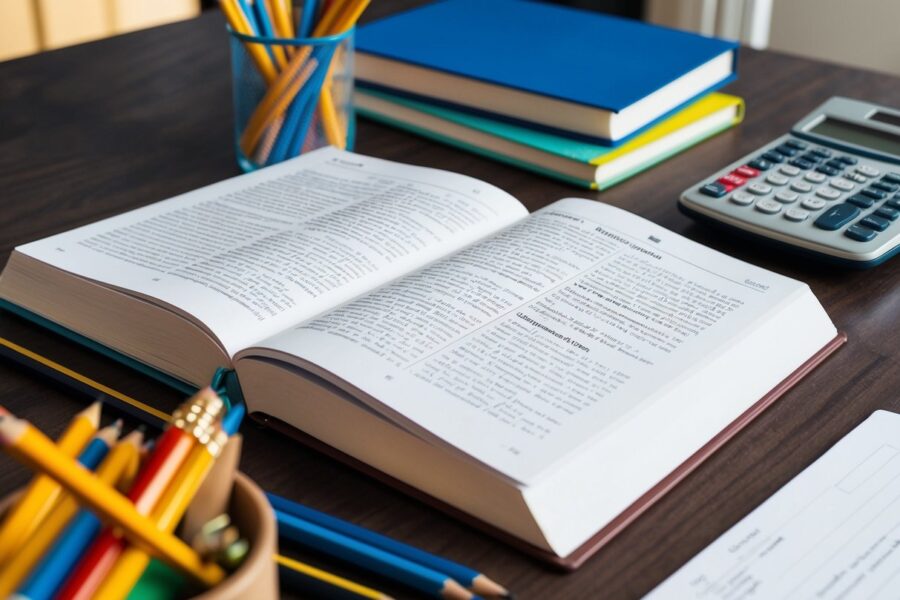 Uma mesa com livros abertos sobre álgebra, geometria e cálculo, cercada por lápis e uma calculadora