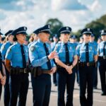 Um grupo de policiais mulheres em uniforme em formação, com um oficial comandante se dirigindo a elas.