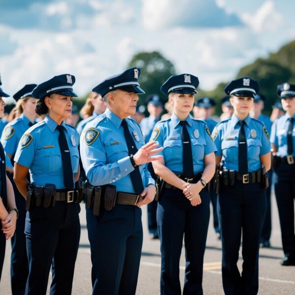 Um grupo de policiais mulheres em uniforme em formação, com um oficial comandante se dirigindo a elas.
